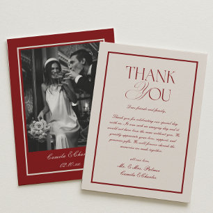 Carte De Remerciements Photo de mariage élégant crème et burgundy