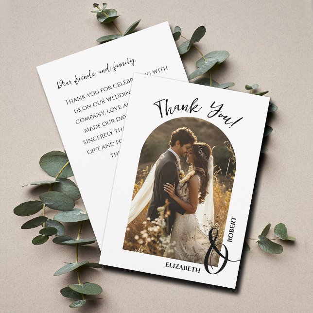 Carte De Remerciements Photo de mariage élégante (Elegant arched wedding photo flat thank you cards feature your message on the back)