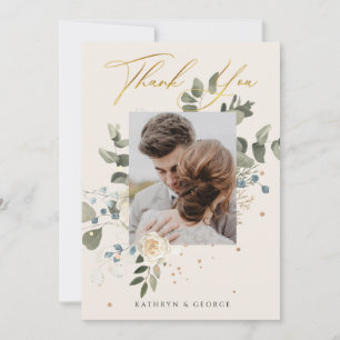 Carte De Remerciements Photo de mariage en or botanique à fleurs douces e