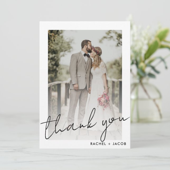 Carte De Remerciements Photo de mariage encadrée écriture moderne (Debout devant)