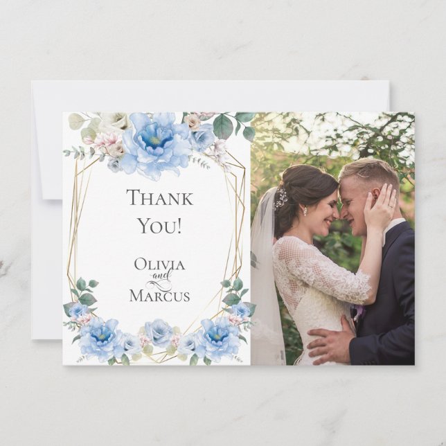 Carte De Remerciements Photo de mariage | Fleurs de pivoine bleue à l'aqu (Devant)