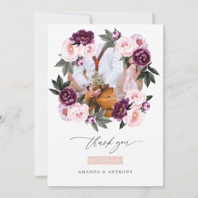 Carte De Remerciements Photo de mariage floral en velours profond et rose (Devant)