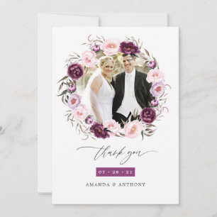 Carte De Remerciements Photo de mariage floral en velours profond et rose