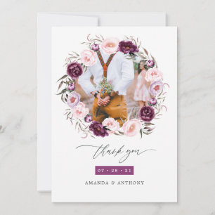 Carte De Remerciements Photo de mariage floral en velours profond et rose