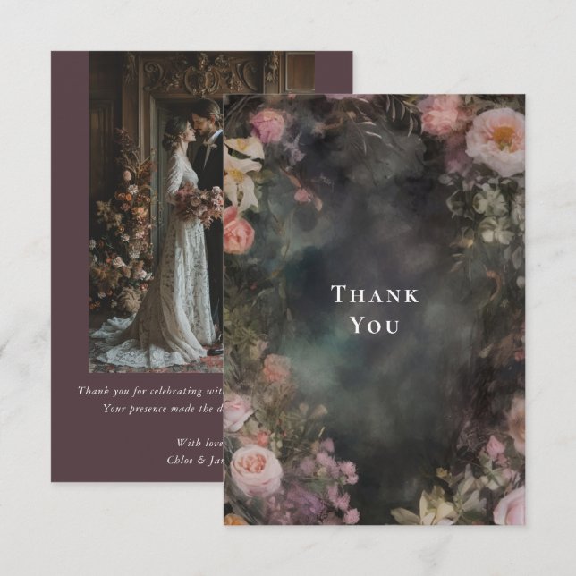 Carte De Remerciements Photo de mariage floral romantique sombre et mauss (Devant / Derrière)