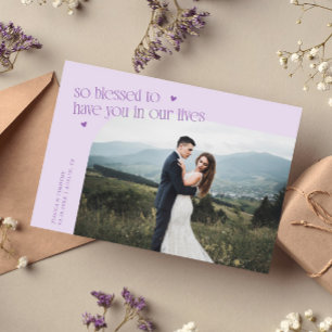 Carte De Remerciements Photo de mariage lilas tellement bénie