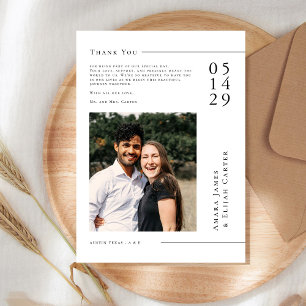 Carte De Remerciements Photo de mariage minimaliste noir et blanc moderne