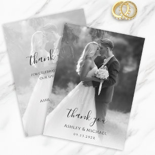 Carte De Remerciements Photo de mariage noir et blanc Écriture moderne Si