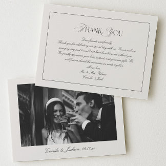 Carte De Remerciements Photo de mariage noir et ivoire élégant et classiq