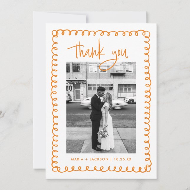 Carte De Remerciements Photo de mariage orange français dessiné à la main (Devant)