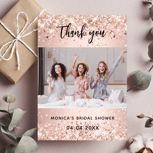 Carte De Remerciements Photo de mariage rose gold pailleté (Créateur téléchargé)