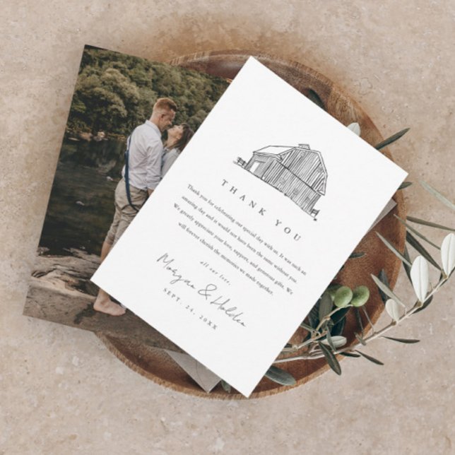 Carte De Remerciements Photo de mariage rustique noir et blanc de grange  (Elegant black and white hand-drawn barn rustic wedding photo thank you card.)