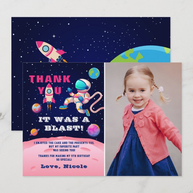 Carte De Remerciements Photo de naissance d'astronaute rose dans l'espace (Devant / Derrière)