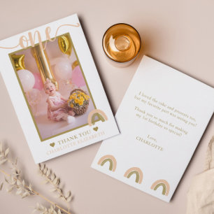 Carte De Remerciements Photo de premier anniversaire Boho Rainbow Gold Ro