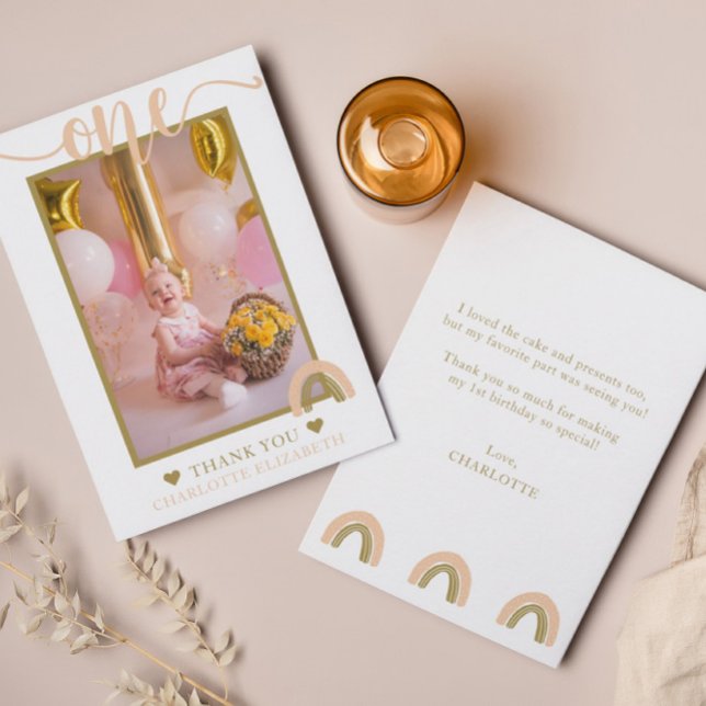 Carte De Remerciements Photo de premier anniversaire Boho Rainbow Pink Go (Créateur téléchargé)