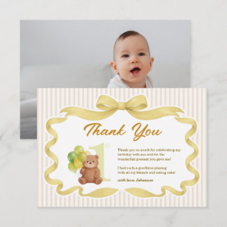 Carte De Remerciements Photo de premier anniversaire de Beary avec ruban