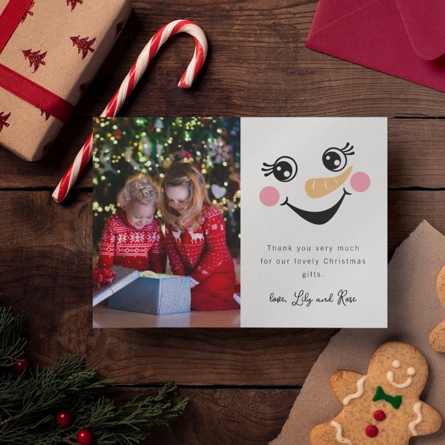 Carte De Remerciements Photo de visage de bonhomme de neige Noël enfants (Créateur téléchargé)