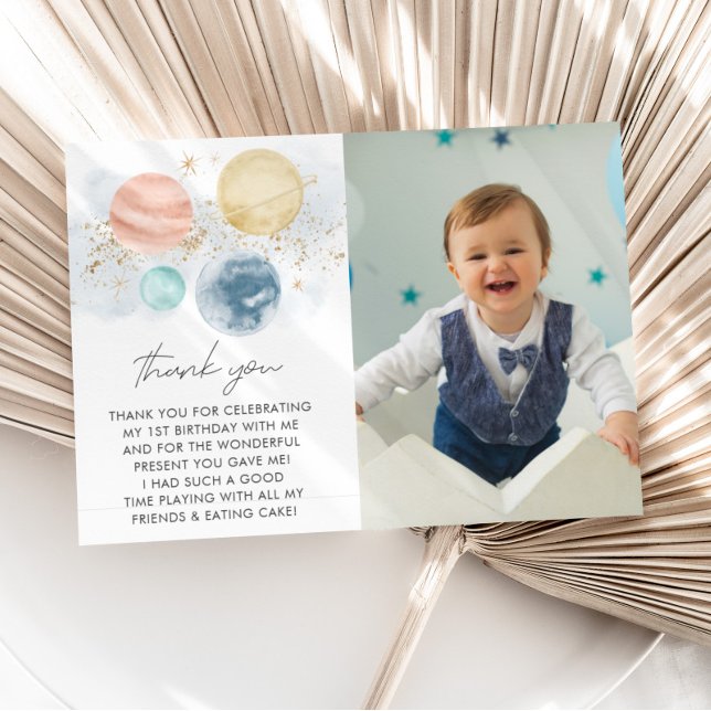 Carte De Remerciements Photo du 1er anniversaire de la première tournée a (First Trip Around The Sun - Boy's Space Theme 1st Birthday Thank You Card with Photo)