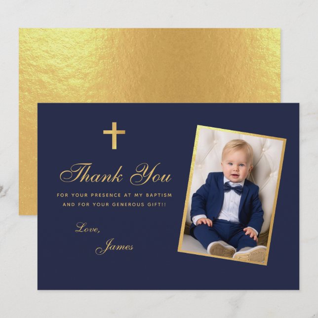 Carte De Remerciements Photo du garçon Baptême Faux Gold Foil Marine Scri (Devant / Derrière)