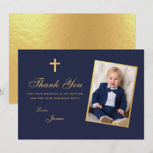 Carte De Remerciements Photo du garçon Baptême Faux Gold Foil Marine Scri