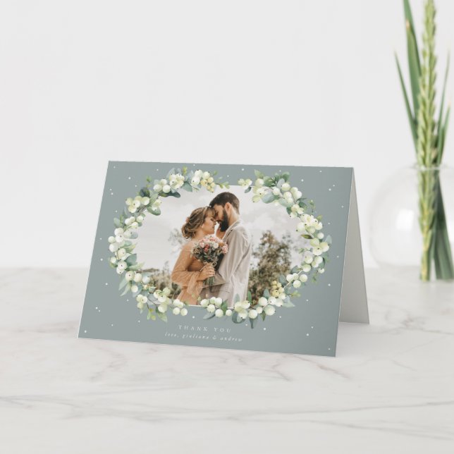 Carte De Remerciements Photo du Mariage Green Snowberry+Eucalyptus (Devant)