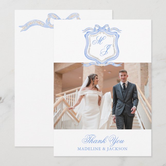 Carte De Remerciements Photo du Monogramme bleu du concepteur d'aquarelle (Devant / Derrière)