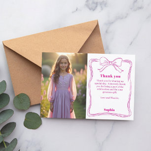 Carte De Remerciements Photo d'une fille rose anniversaire arc blanc