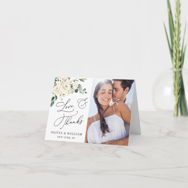 Carte De Remerciements PHOTO Elegant Eucalyptus White Roses Floral (Devant)