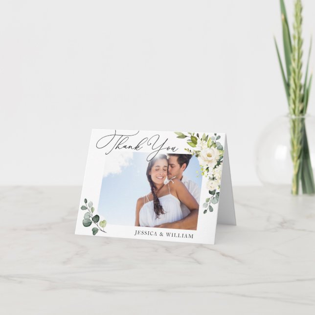 Carte De Remerciements PHOTO Elegant Eucalyptus White Roses Floral (Devant)