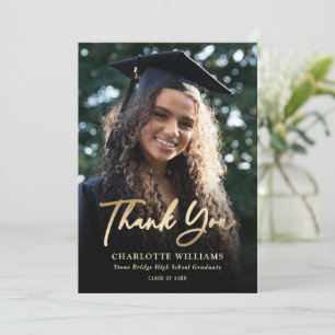 Carte De Remerciements Photo Elégant Script moderne Black Gold Graduation
