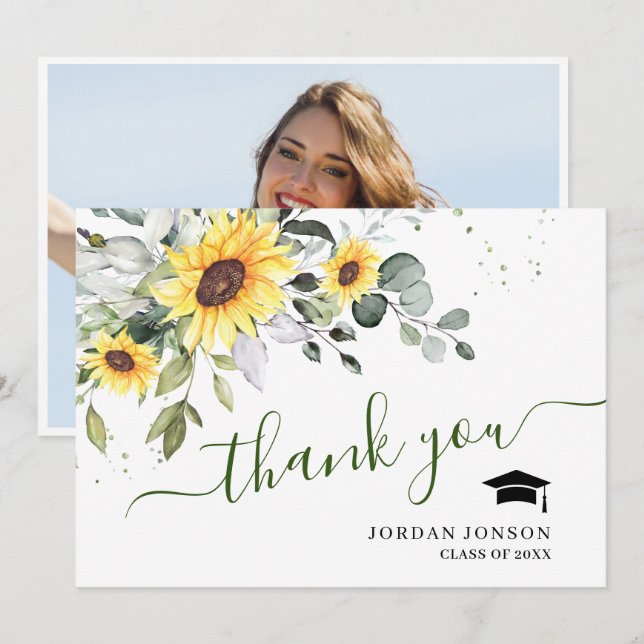 Carte De Remerciements PHOTO Elegant Sunflowers Eucalyptus (Devant / Derrière)