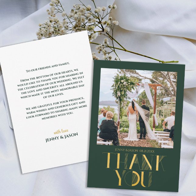Carte de remerciements photo Emerald Gold (Modern Emerald Gold Photo Wedding Thank You Card)