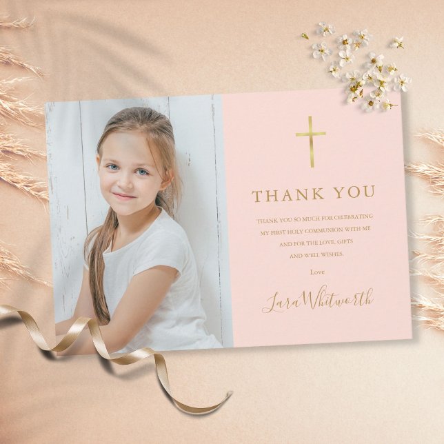 Carte De Remerciements Photo en or rose pâle Première communion sainte (Créateur téléchargé)