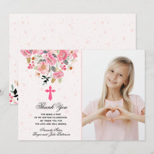 Carte De Remerciements Photo Fille Aquarelle Fleurs roses Baptême
