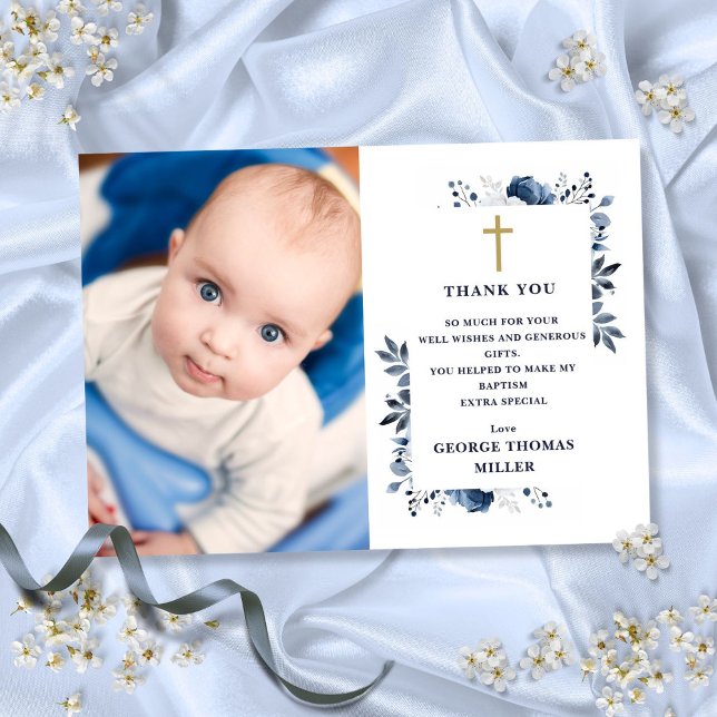 Carte De Remerciements Photo florale bleu marine Baptême Christening (Navy Blue Floral Photo Baptism Christening Thank You Card)