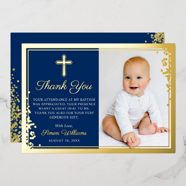Carte de remerciements photo Foil Gold Navy Blue B (Recto/Verso)