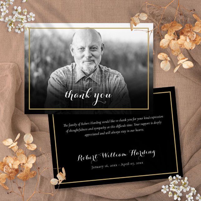 Carte De Remerciements Photo funéraire Gold Frame noir et blanc (Gold Frame Funeral Photo Black and White Thank You Card)