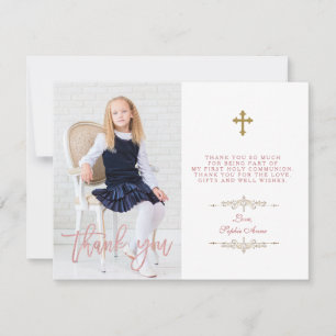 Carte De Remerciements Photo Girl Cross First Holy Communion Rose Gold