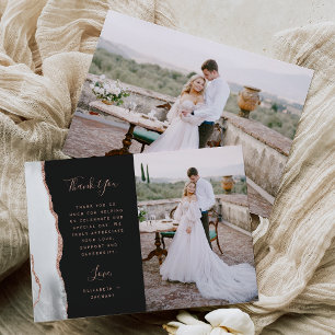 Carte De Remerciements Photo Gris Blanc Agate Rose Gold Script Mariage
