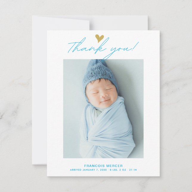 Carte De Remerciements Photo Heart moderne Script Custom Newborn Baby (Devant)