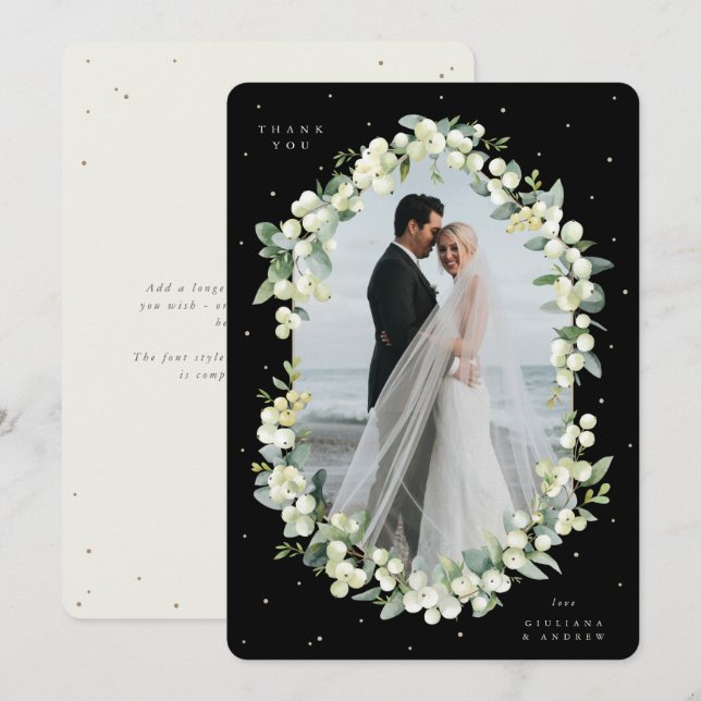 Carte De Remerciements Photo Mariage Black/Cream Snowberry+Eucalyptus (Devant / Derrière)