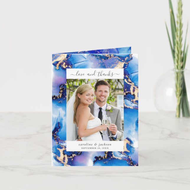 Carte De Remerciements Photo Mariage d'aquarelle bleue (Devant)