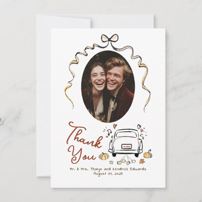 Carte De Remerciements Photo Mariage de automne de la main fanée Whimsica (Devant)