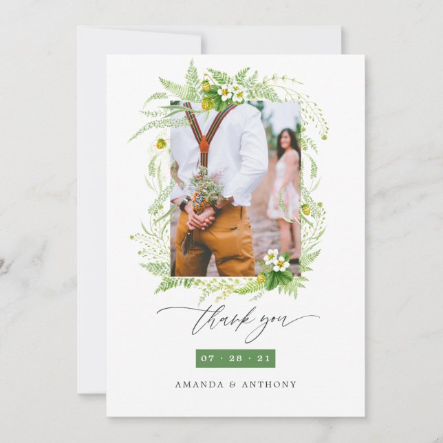 Carte De Remerciements Photo Mariage de la forêt d'aquarelle (Devant)