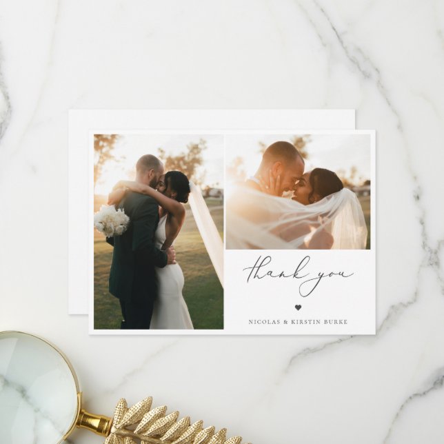 Carte De Remerciements Photo Mariage de script Boho moderne (Devant/Arrière en situation)