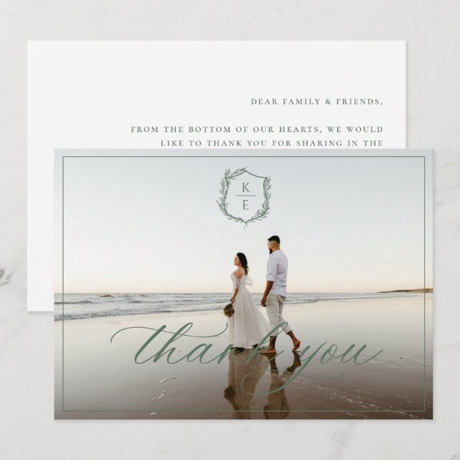 Carte De Remerciements Photo Mariage du monogramme de la crête botanique (Devant / Derrière)