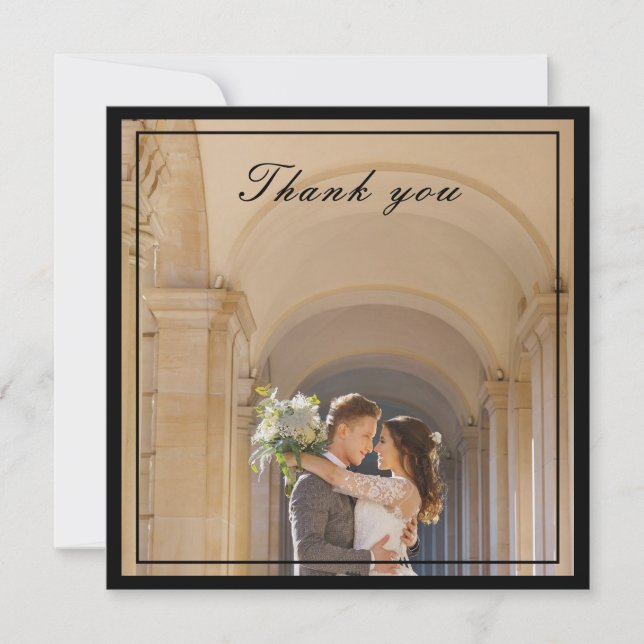 Carte De Remerciements Photo Mariage en ivoire noir et crème élégant (Devant)