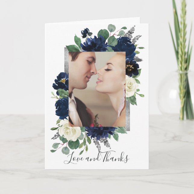 Carte De Remerciements Photo Mariage floral élégant bleu marine et argent (Devant)