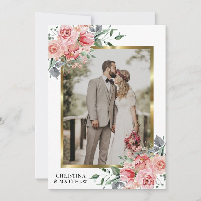 Carte De Remerciements PHOTO Mariage géométrique Floral moderne (Devant)