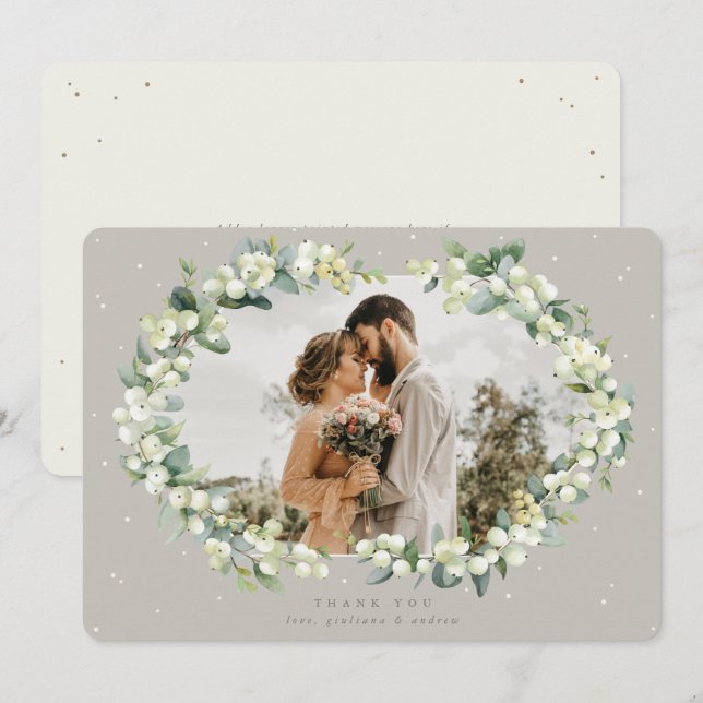 Carte De Remerciements Photo Mariage Greige/Crème Snowberry+Eucalyptus (Devant / Derrière)